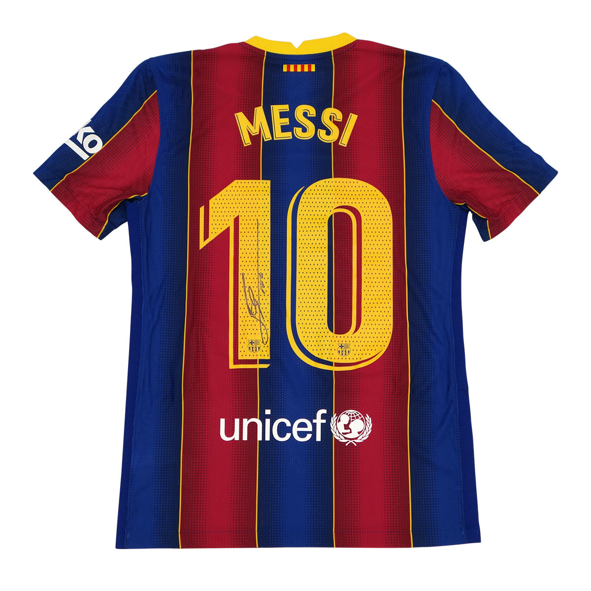 【メモラビリア】メッシ直筆サイン入りバルセロナ2020-21ホームサッカーユニフォーム特製フレーム (オーセンティック)