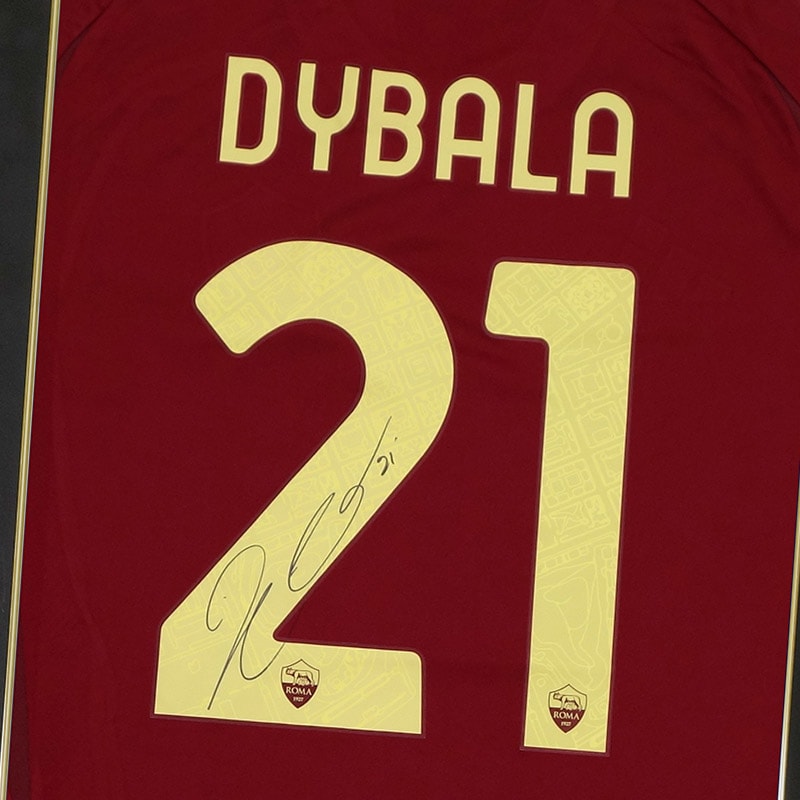 【メモラビリア】ディバラ直筆サイン入りASローマ2024-25ホームサッカーユニフォーム特製フレーム