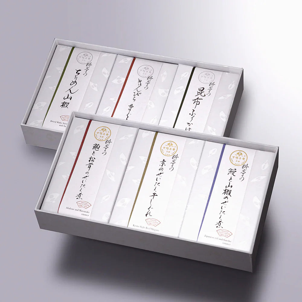 【下鴨茶寮】糺 「礼」(鮑と松茸のぜいたく煮、京のぜいたく牛しぐれ、鰻と山椒のぜいたく煮、ちりめん山椒、きんぴらまぐろ、昆布ふりかけ)