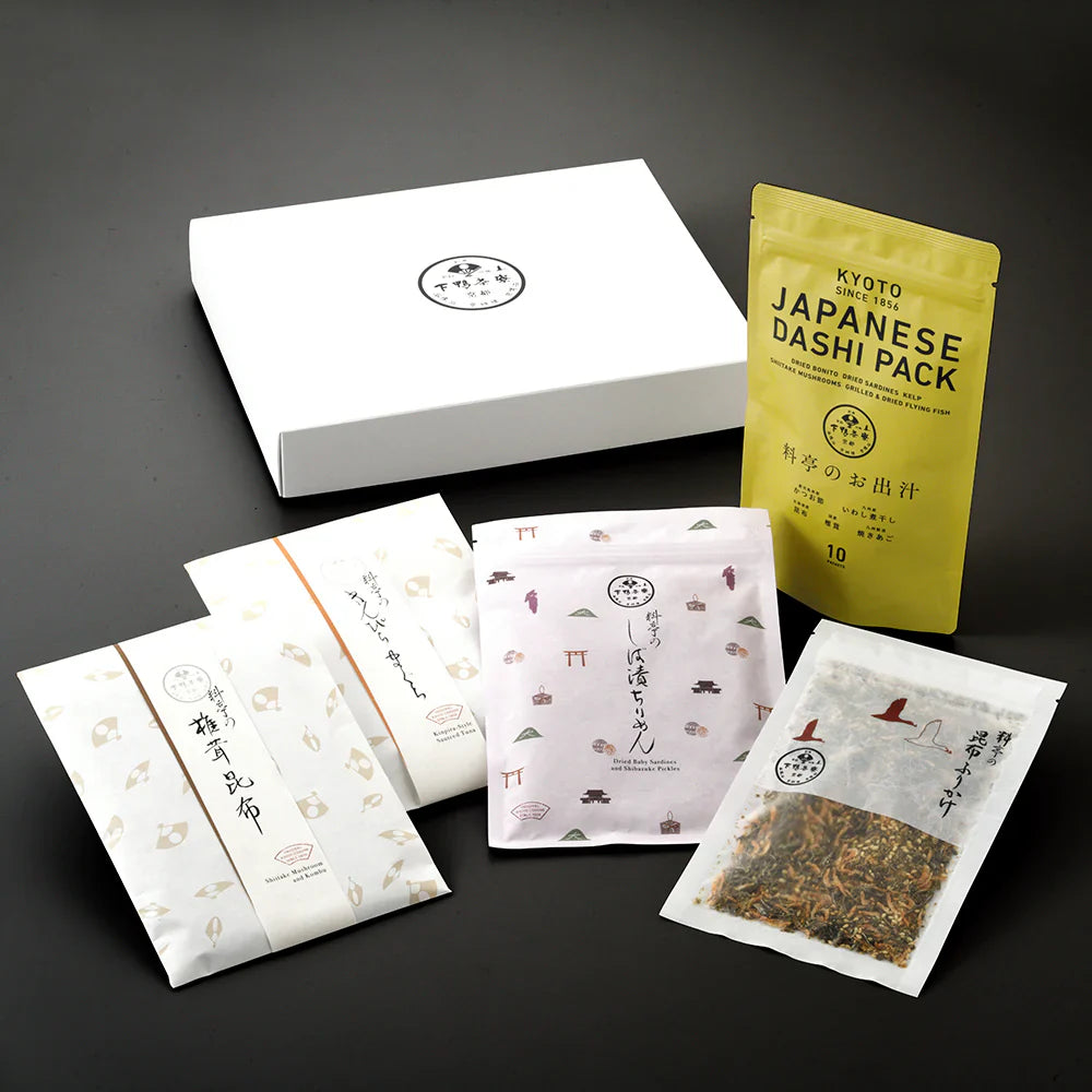 【下鴨茶寮】下鴨茶寮の逸品詰め合わせ(料亭のお出汁(8g×10包)、しば漬けちりめん、料亭の昆布ふりかけ、きんぴらまぐろ、椎茸昆布)