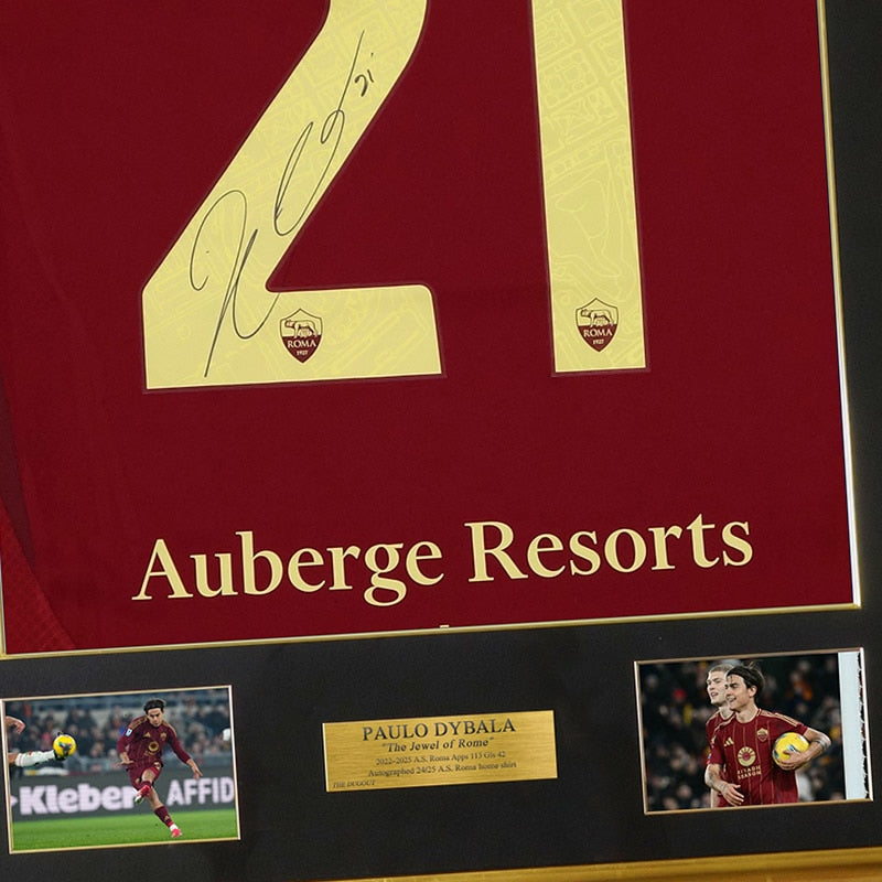 【メモラビリア】ディバラ直筆サイン入りASローマ2024-25ホームサッカーユニフォーム特製フレーム