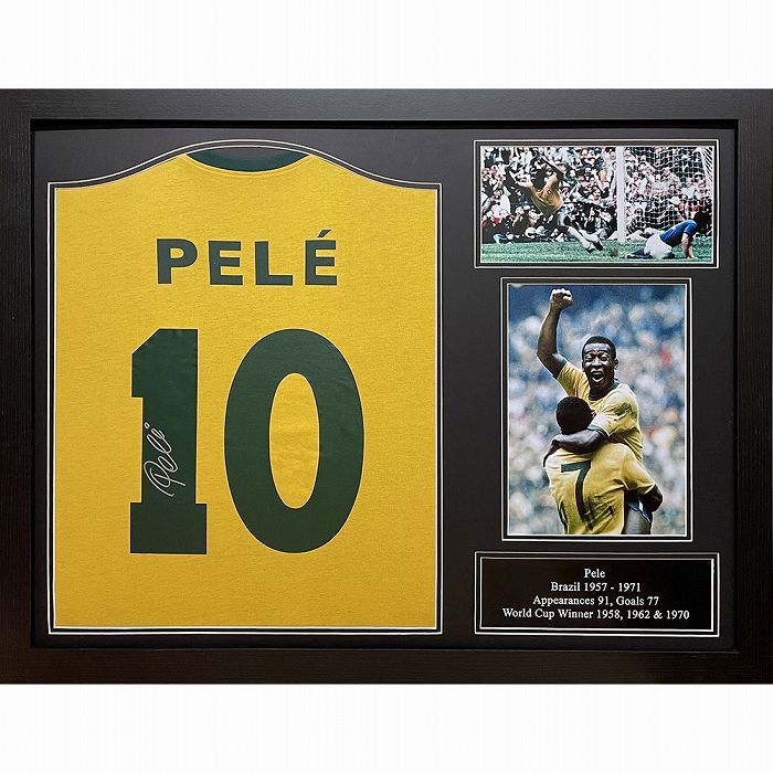 【メモラビリア】ペレ 直筆サイン入りサッカーユニフォーム(ブラジル代表 1970 ホーム)＆フォト 額入り