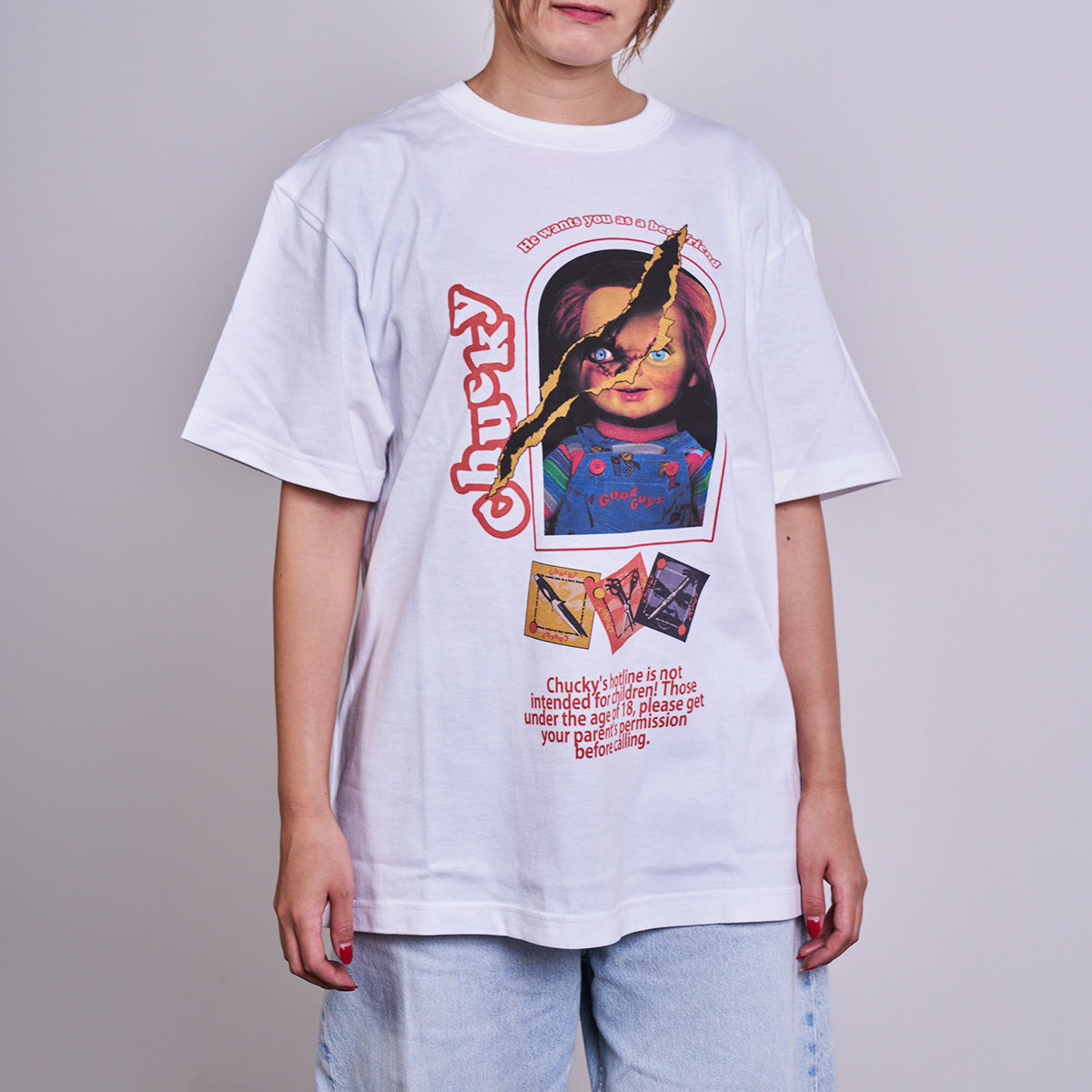 RAINY DAY FUN ホワイト レアTシャツ　Tatto チャッキー CHUCKY/チャッキー】オリジナルデザインTシャツ 刺繍 ドロップ