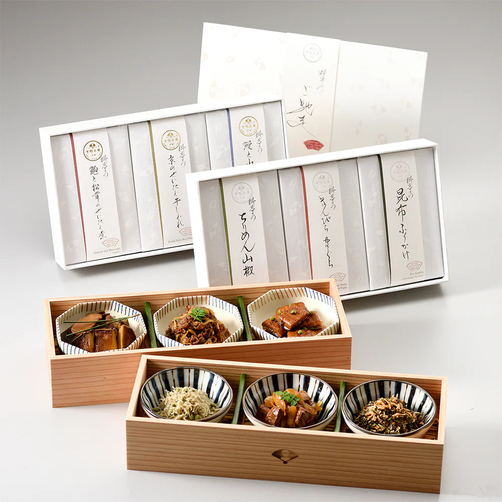 【下鴨茶寮】糺 「礼」（鮑と松茸のぜいたく煮、京のぜいたく牛しぐれ、鰻と山椒のぜいたく煮、ちりめん山椒、きんぴらまぐろ、昆布ふりかけ）