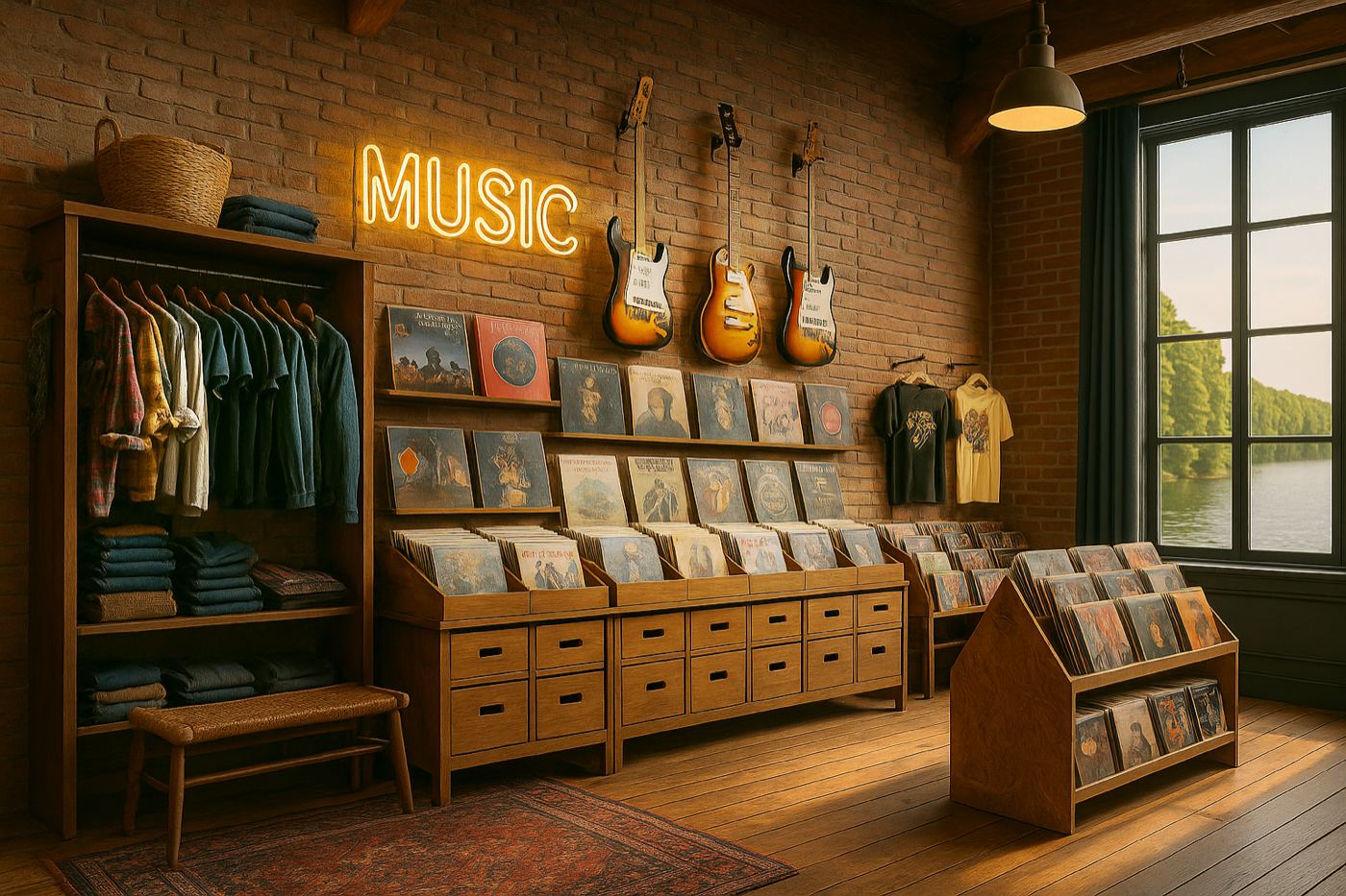 音楽のジャンル。壁のギターとレコード棚、ミュージックTシャツが並ぶ店内