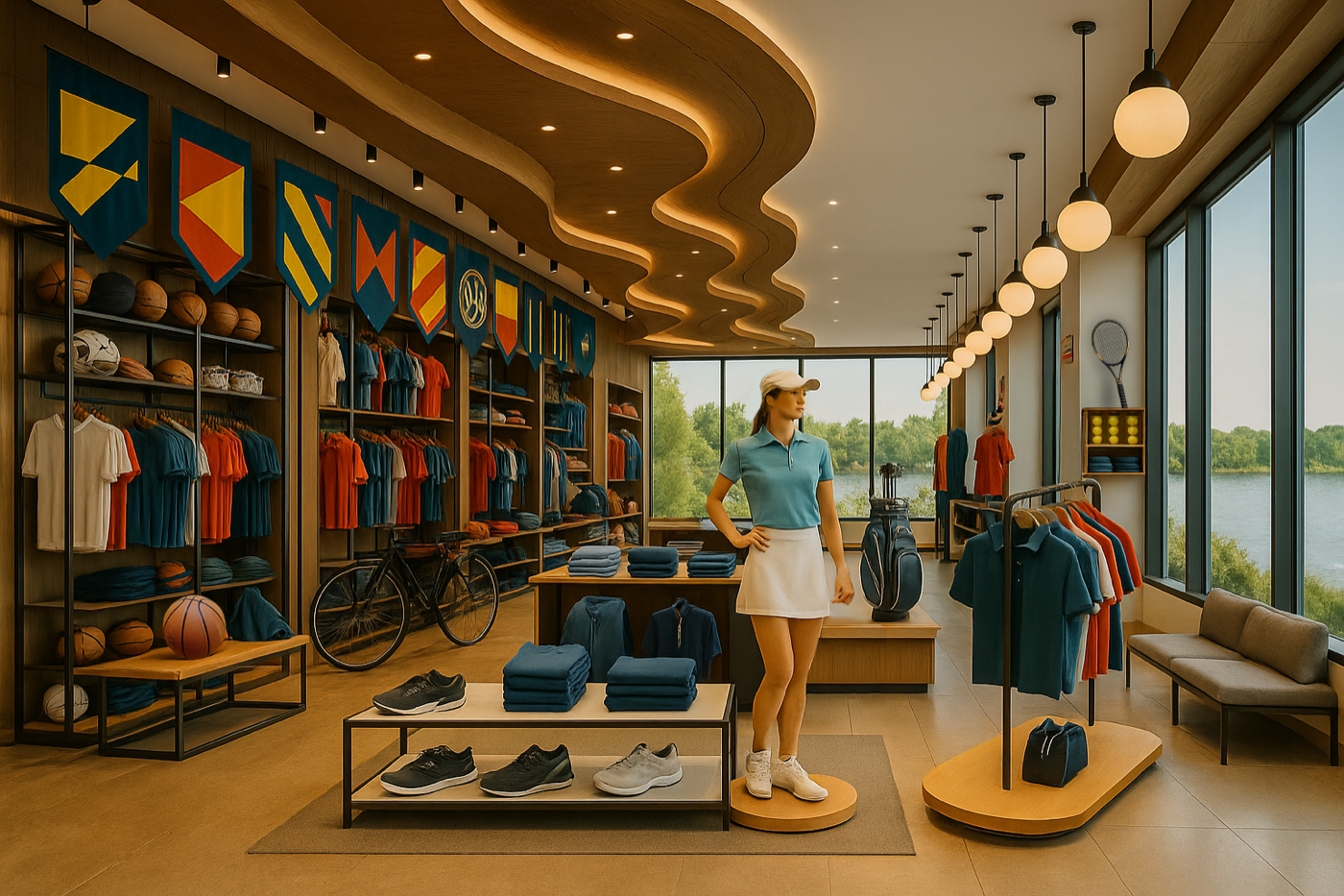 スポーツのジャンル。ウェアとシューズ、ボール、ゴルフバッグが並ぶ店内
